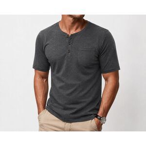 NIP CRYSULLY Men’s Medium Dark Gray Cotton Henley Shirt Short Sleeve Pocket